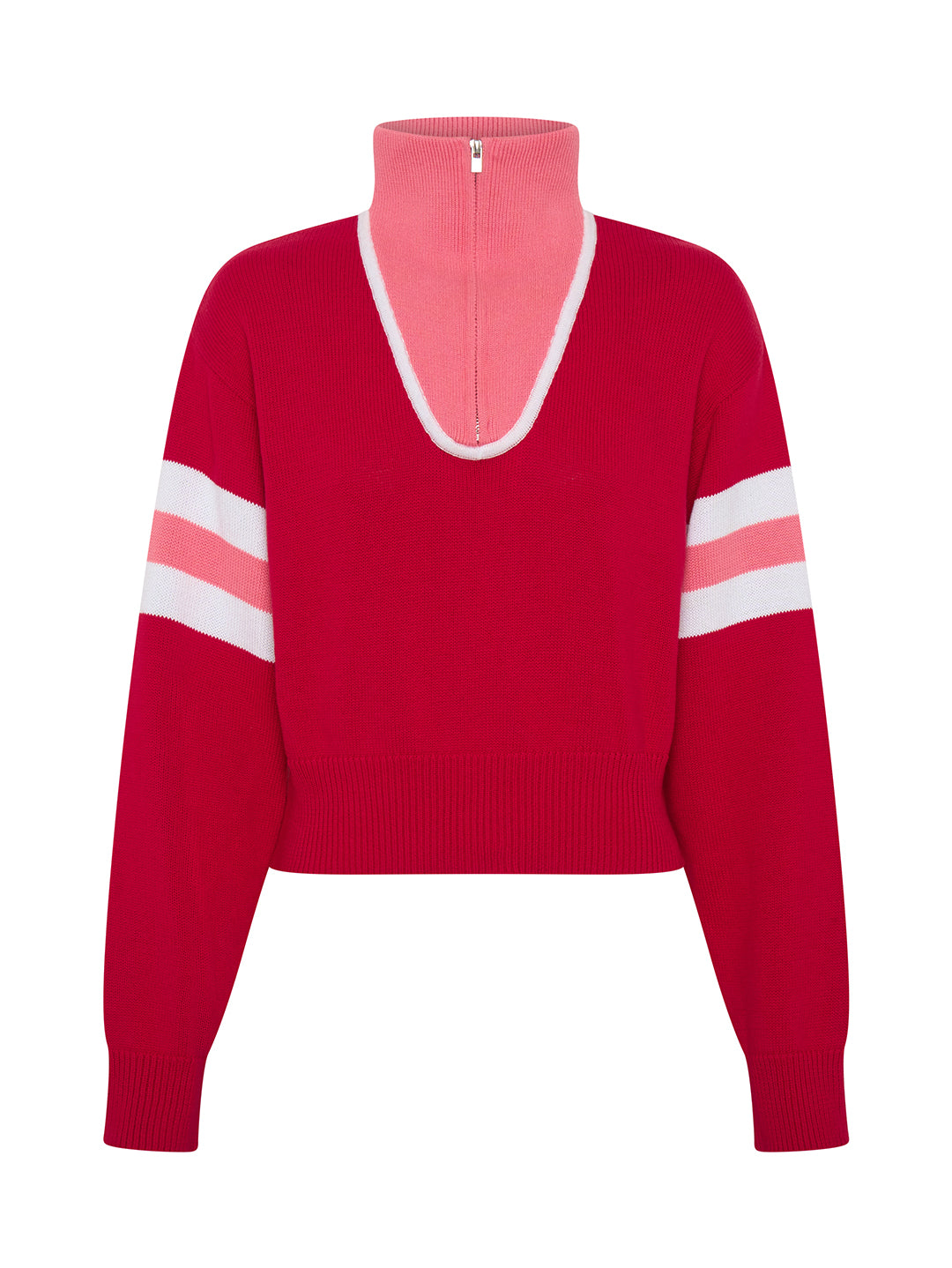 watermelon pink zip knit sweater front view product image