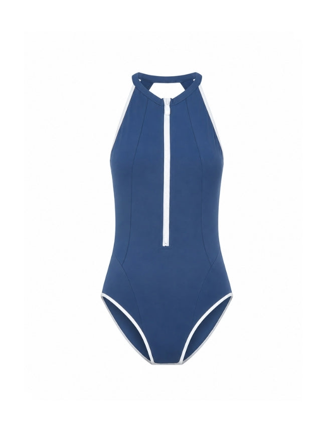 Womens flattering and supportive swimsuit one pice with zip front closure and open back with body sculpting seams and white contrast binding piping.