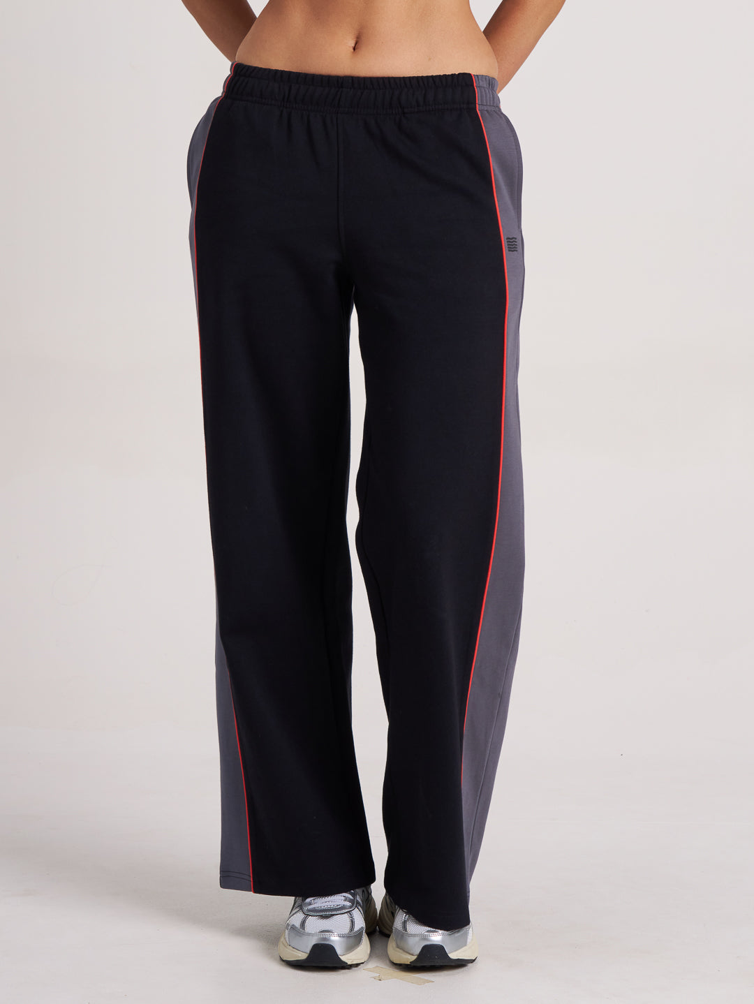 black and grey wide leg pant front view