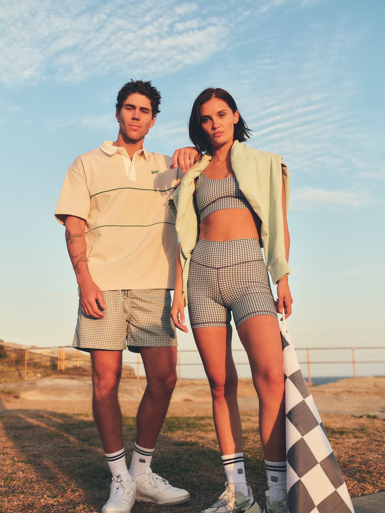 mini houndstooth 5" bike short styled with matching top and green hoodie