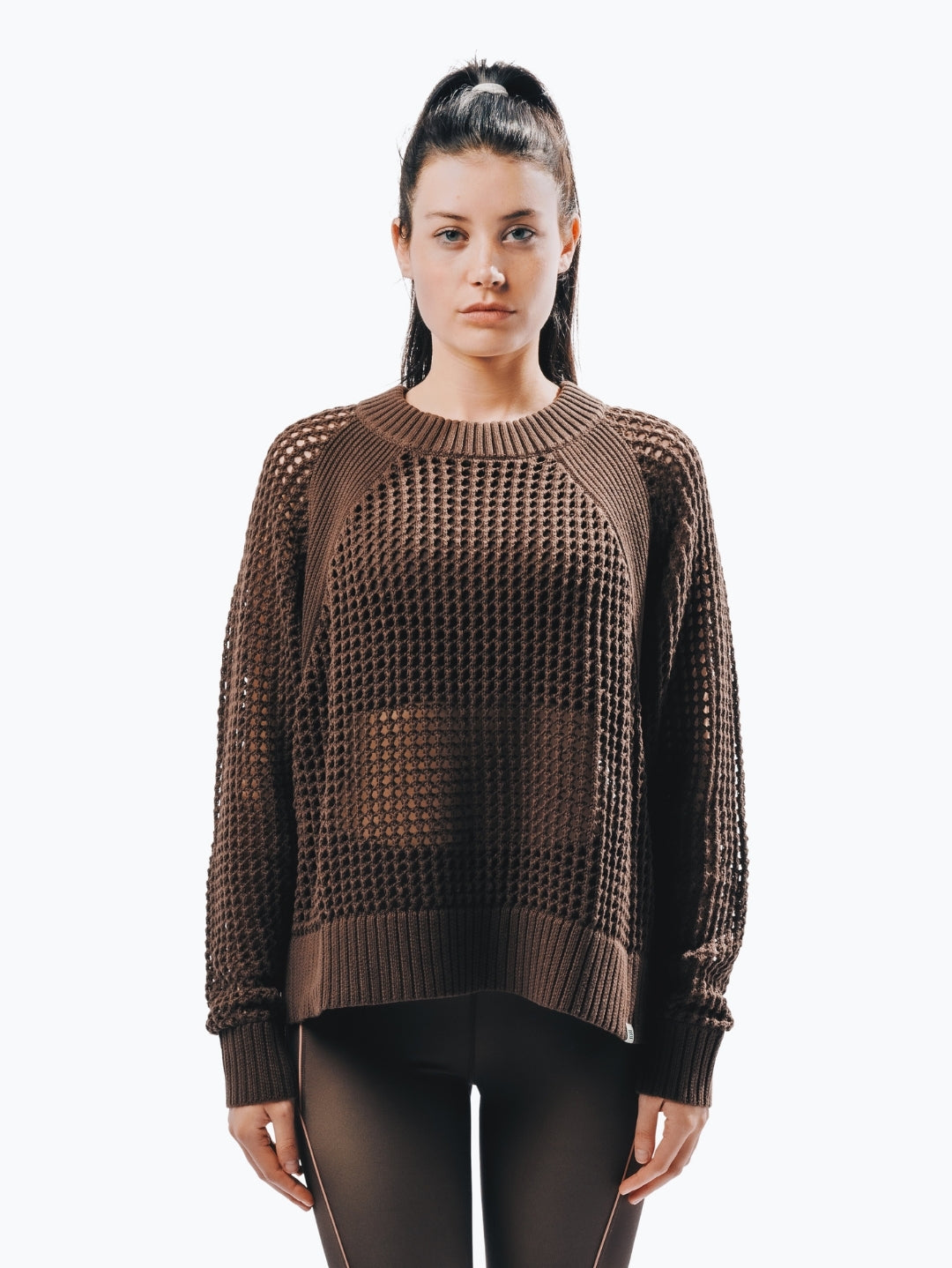 Pointelle Long Sleeve Knit Top - Chocolate