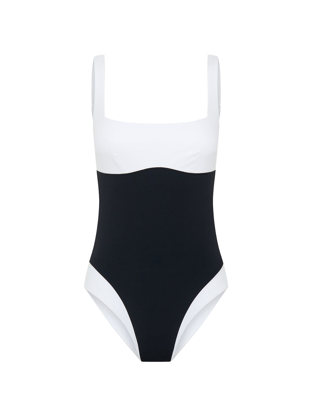 Black and white one-piece swimsuit front view product image
