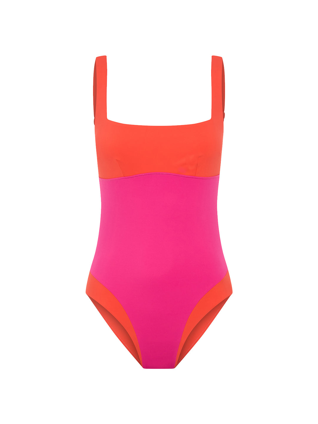 Coral and fuchsia one-piece swimsuit front view product image