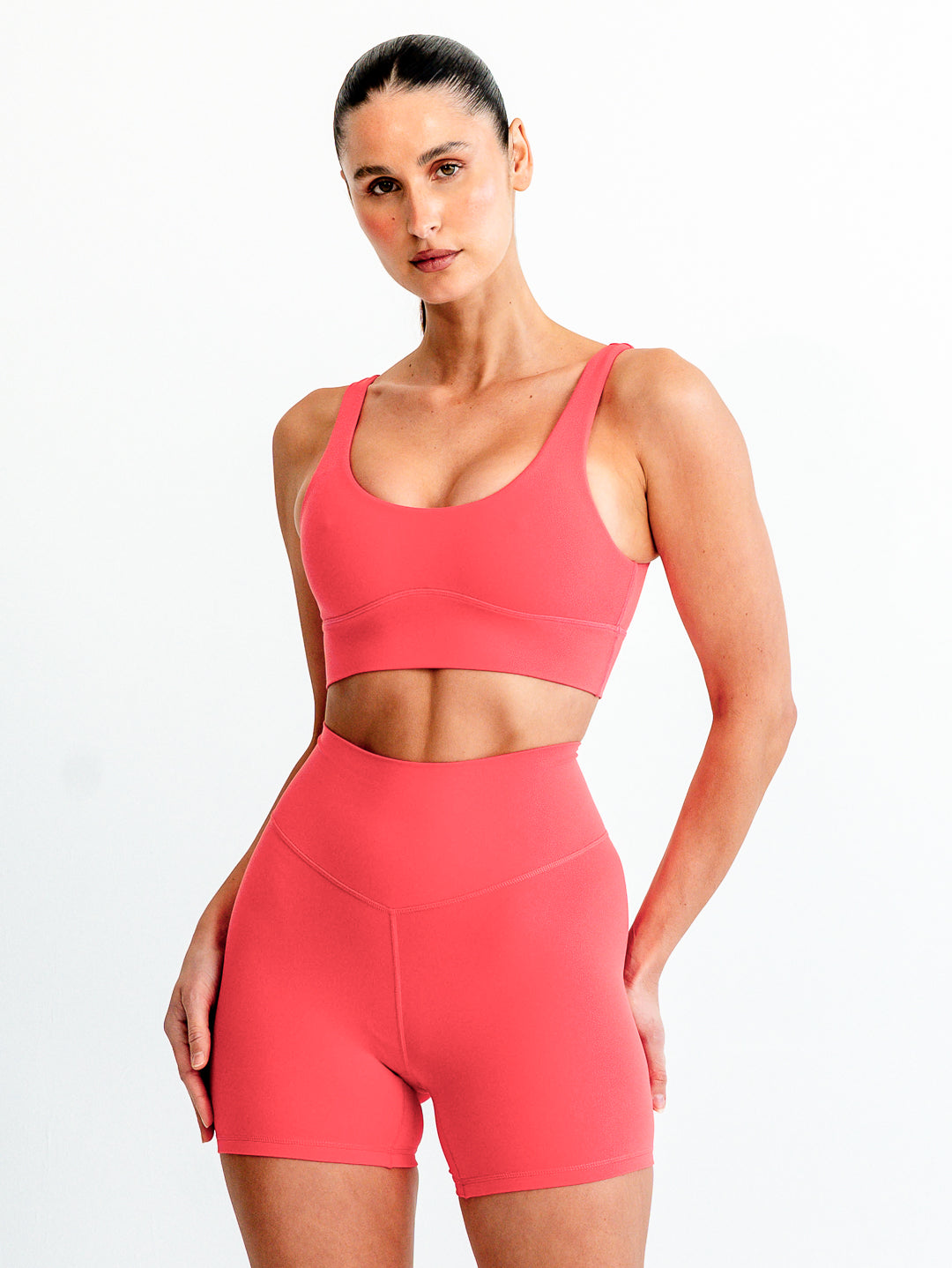 Red or pink sports crop with support and flattering neckline