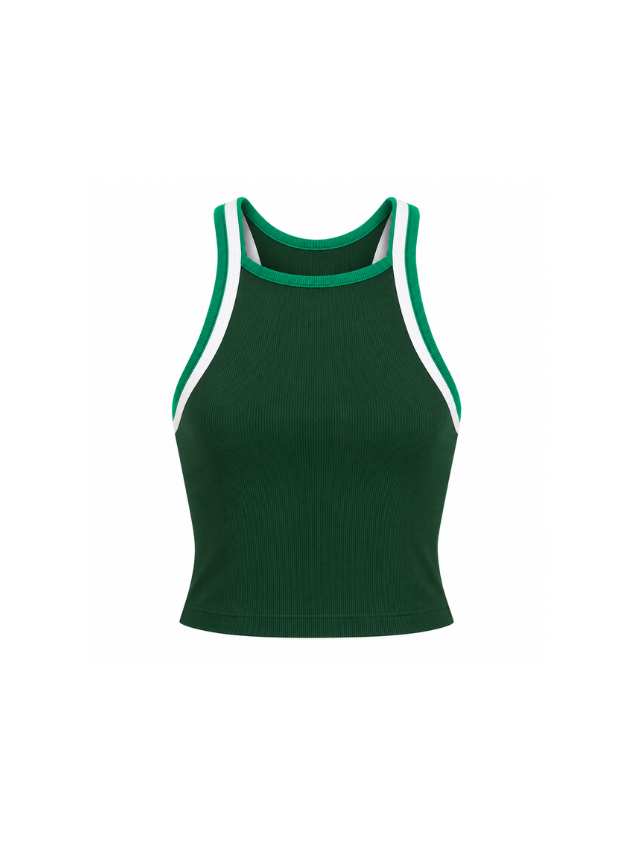 Womens soft ribbed green racer tank vest with colour blocked detailing on the neckline and monogram detail on the back.