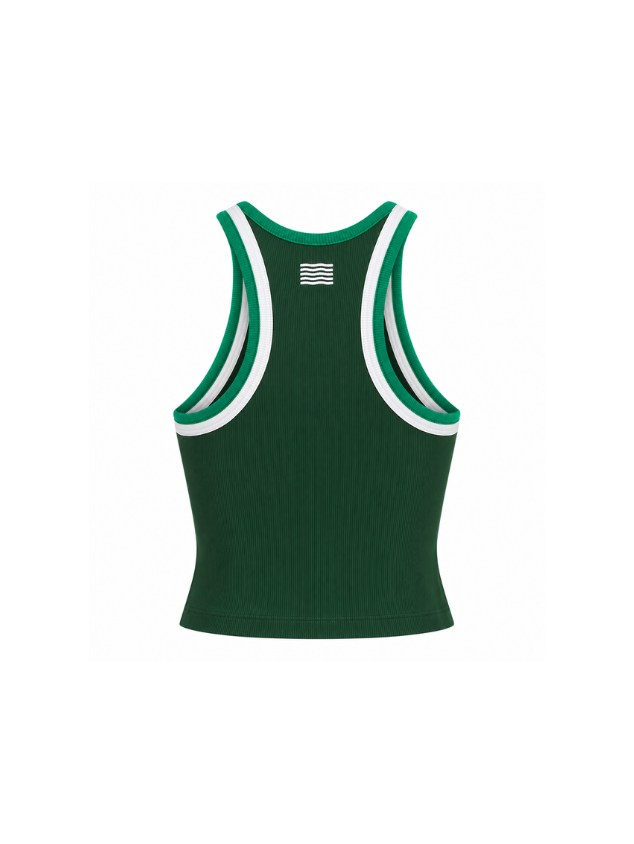 Womens soft ribbed green racer tank vest with colour blocked detailing on the neckline and monogram detail on the back.