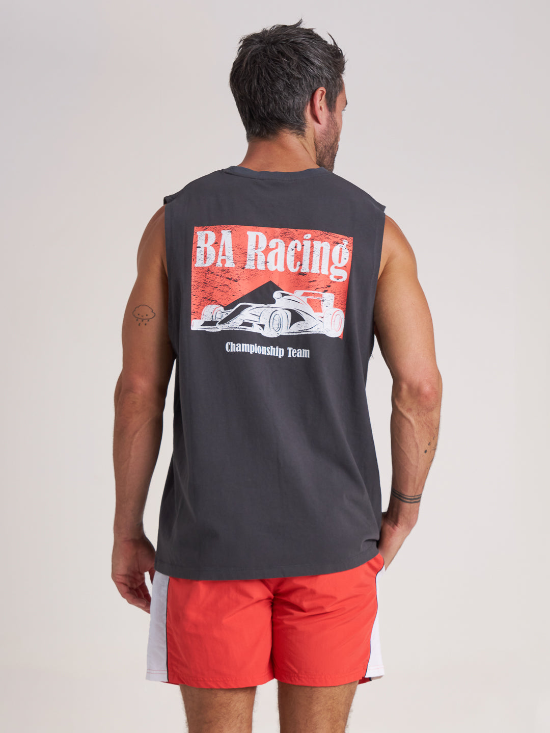 Back view of charcoal grey and red tank top